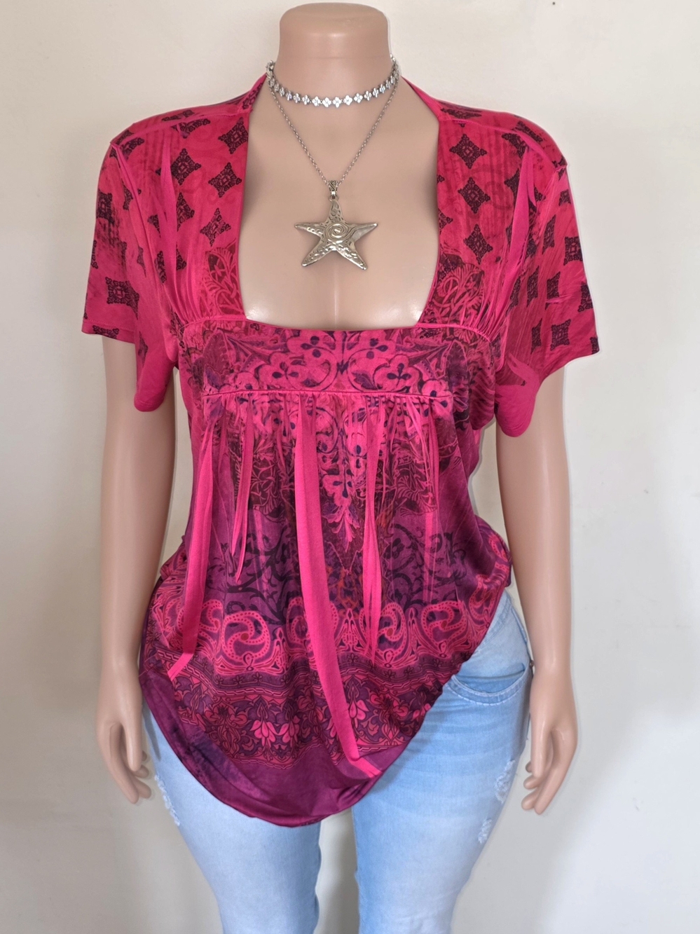 ☆World Unity Pink Patterned Short-Sleeve Square-Neck Top☆